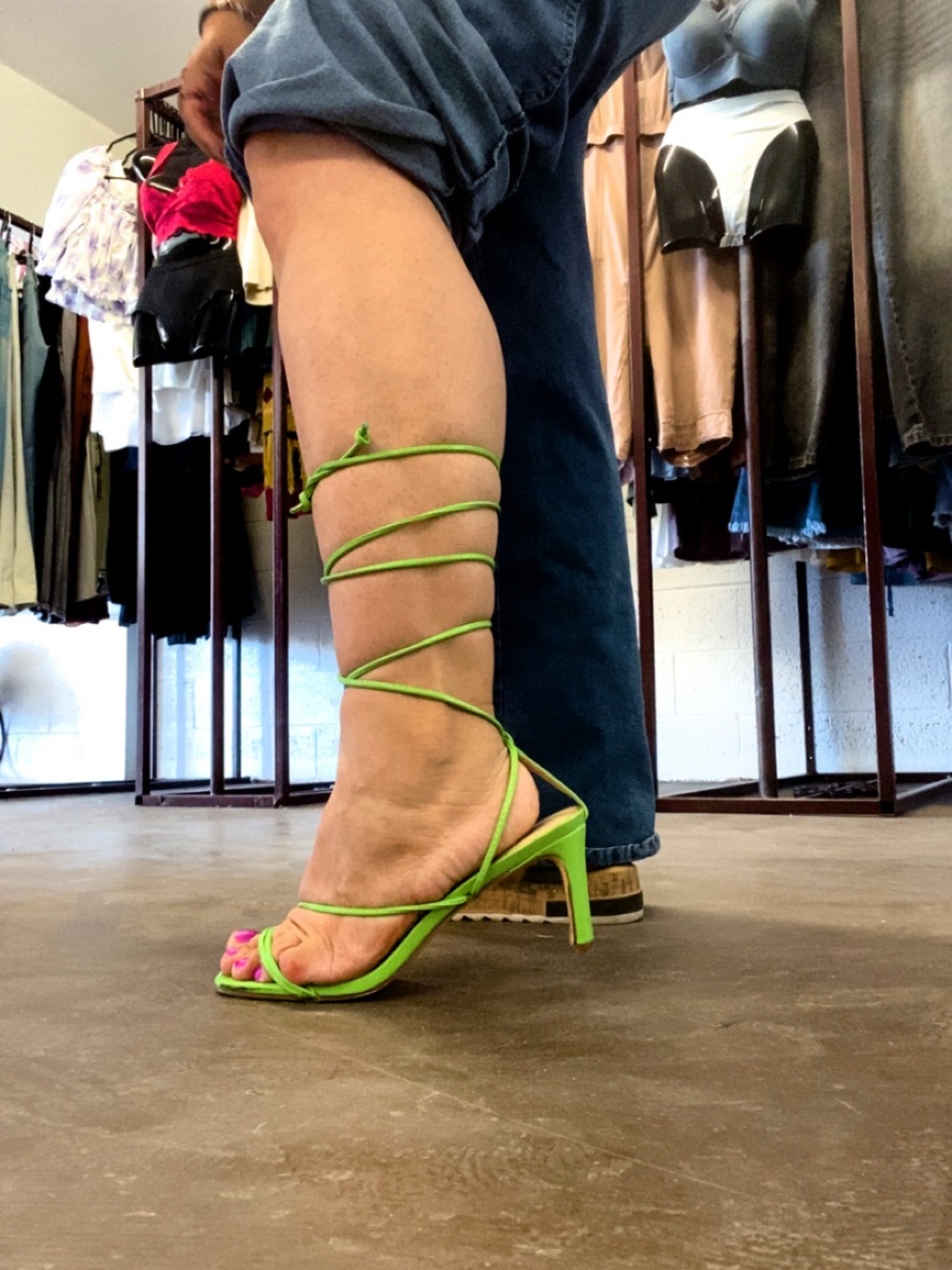 Lace-Up Stiletto Sandals in Lime Green